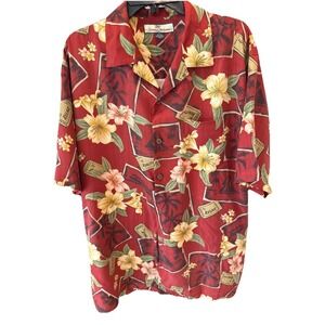Tommy Bahama Shirt Mens Medium Red Silk‎ Hibiscus Relax Sailing Hawaiian Camp